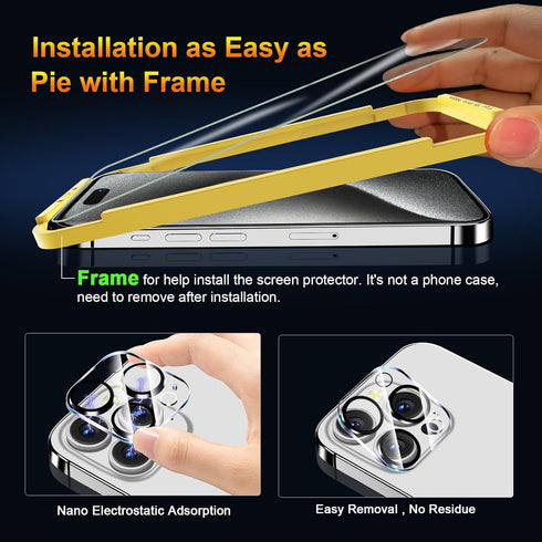 3 Pack Screen Protector for iPhone 15 Pro Max 6.7 Inch with 3 Pack Camera Lens Protector, Ultra HD Tempered Glass, 9H Hardness, Anti Scratch, Bubb...