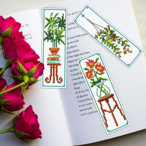 ORIGACH 6 Set Green Plants Cross Stitch Bookmark Kit for Beginner with Backing Felt Floss Instructions DIY Stamped Embroidery Bookmark Kit for Adu...