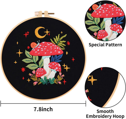 Nuberlic Mushroom Embroidery Kits for Beginner Adults Cross Stitch Kit with Stamped Pattern Include Embroidery Cloth Hoops Threads Needles...