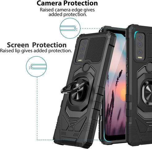 TJS Compatible for AT&T Motivate Max (U668AA) Case, Cricket Ovation 3 Case, with Tempered Glass Screen Protector, Metal Ring Magnetic Support Kick...