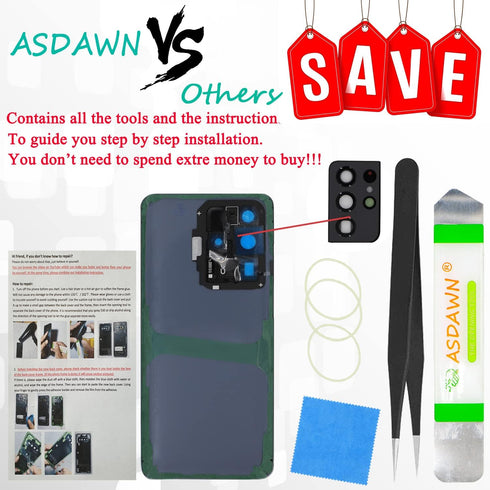 ASDAWN Galaxy S23 Ultra Replacement Back Glass Panel Case + Pre-Installed Camera Lens + All The Adhesive + Repair Tool Kit for Samsung Galaxy S23 ...