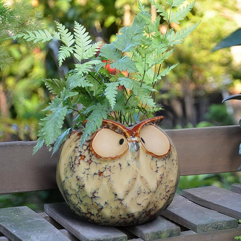 GeLive Owl Planter Ceramic Succulent Plant Pot Fun Animal Flower Container Decoration Tabletop Decor Windowsill Box with Drainage Hole (Round Owl ...