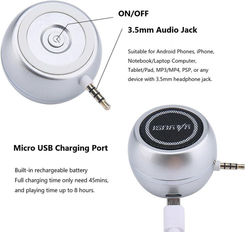 Wireless Mini Speaker 3.5mm Aux Input Jack, 3W Portable Speaker for Cellphone Tablet Laptop, Silver...