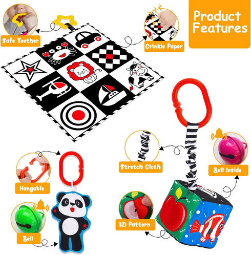 4 PCS Black and White High Contrast Baby Toys 0-3-6 Months Newborn Essential Montessori Toys for Babies Crinkle Sensory Book for Brain Development...
