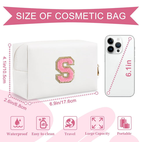 Personalized Makeup Bag Initial A-Z Preppy Patch Bag,Small PU Leather Travel Cosmetic Bag Pouch with Zipper,White Cute Toiletry Bag,Gift Ideal for...