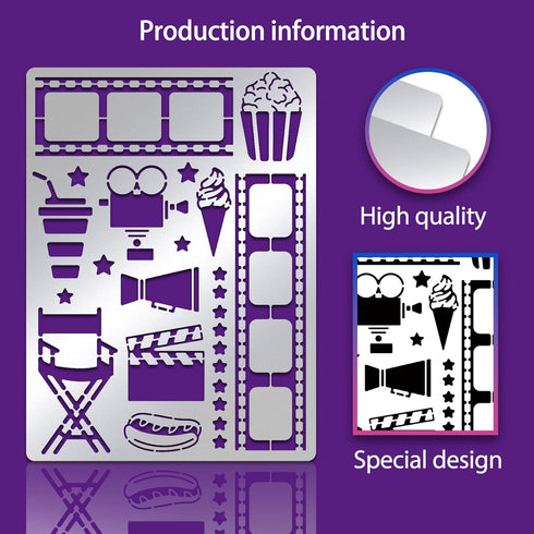 BENECREAT Movie Projector Pattern Stainless Steel Stencils, 5.5x7.5inch Movie Tape Popcorn Ice Cream Pattern Painting Template Journal Tool for Wo...