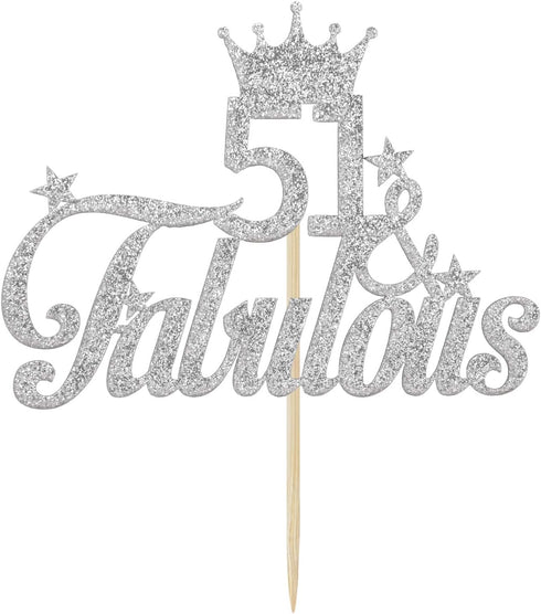 Silver Glitter 51 & Fabulous Cake Topper - 51st Birthday Cake Decorating - Happy 51st Anniversary/Birthday Party Decoration Supplies...