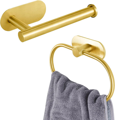 Toilet Paper Holder/Towel Ring Self Adhesive, Eolax No Drilling Gold Bathroom Hardware Accessories, Stainless Steel Sticky Toilet Roll Hanger and ...