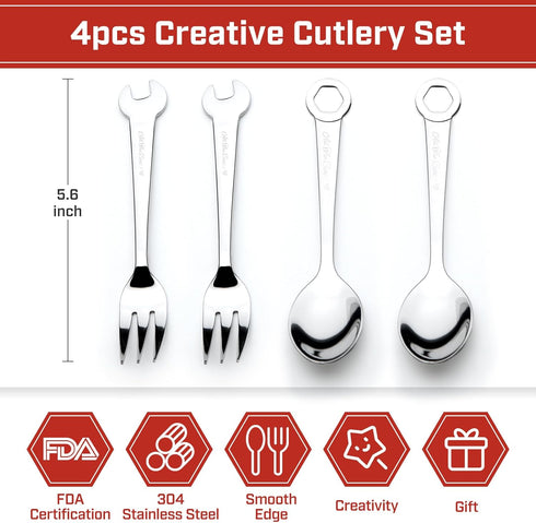 Creative Cutlery Set: 4-Piece 304 Stainless Steel Wrench-Shaped Handles Spoons & Forks - mechanical themed...
