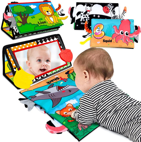 Baby Toys 0-6 Months - Tummy Time Mirror Toys with Cloth Books & Teethers - Montessori Infant Toys for Babies 0 3 6 9 Months - High Contrast Newbo...