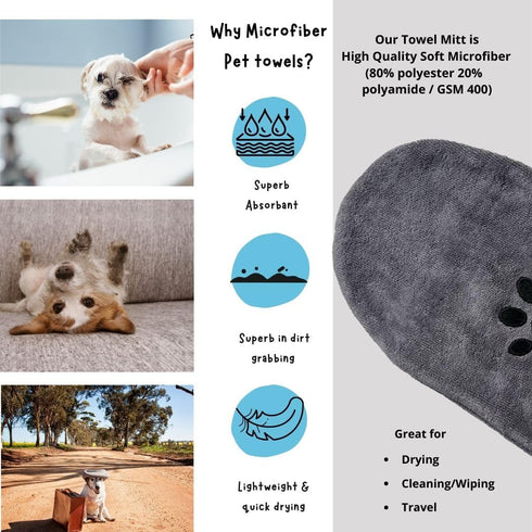 Penny & Niko Microfiber Pet Towel Mitts - Paw Cleaning and Drying Mitts/Gloves for Dogs and Cats (Large - 2 Pack, Gray)...