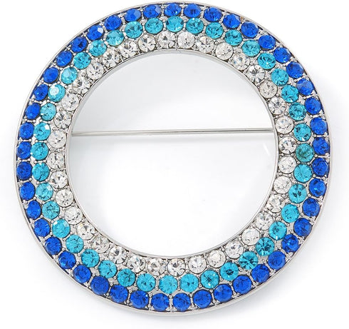 Blue/Aqua/Clear Austrian Crystal Open Cut Eternity Circle of Love Brooch In Rhodium Plating - 50mm...