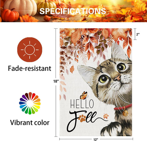Fall Cat Garden Flags 12x18 Inch Double Sided, Hello Fall Cat Maple Small Yard Flags Seasonal Decorations for Outdoor...