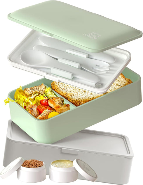 Umami Bento Box Adult All-In-1 w/4 Utensils, 2Sauce Jars, 2 Dividers, 100% Leakproof, Microwave & Dishwasher Safe, Stackable Bento Lunch Box Conta...