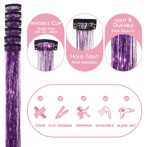 WENNALIFE Hair Tinsel Clip In Hair Tinsel for Girls Purple, 6pcs 24 inch Hair Tinsel Clips Tinsel Hair Extensions Clip in Colorful Glitter Tinsel ...