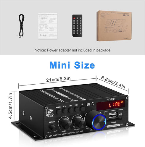 Bluetooth 5.0 Audio Power Amplifier AK-380 400W+400W 2.0 CH HiFi Stereo Amp Receiver with USB,SD,AUX,Remote Control,FM Antenna for Car Home Speake...
