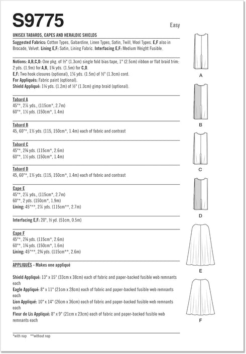 Simplicity Easy Unisex Tabards, Capes and Heraldic Shields Sewing Pattern Packet, Code S9775, One Size Fits Most Adults, Multicolor...