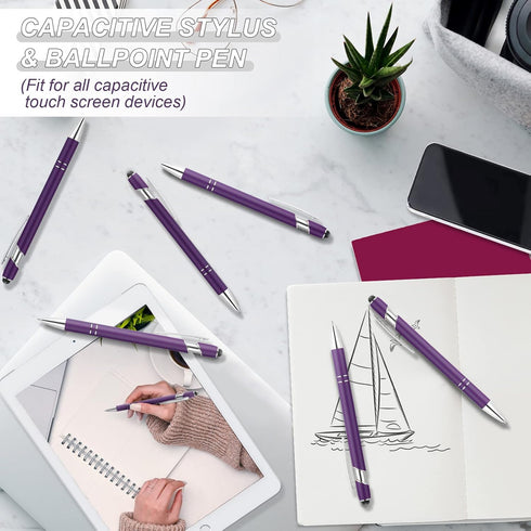 12 Pieces Ballpoint Pen with Stylus Tip, 1.0 mm Black Ink Metal Pen Stylus Pen for Touch Screens, 2 in 1 Stylus Ballpoint Pen (Purple and Silver)...