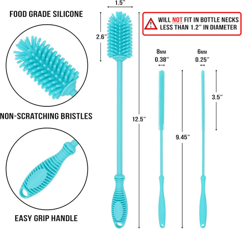 12.5” Silicone Bottle Brush & Straw Cleaner Brush Set | Water Bottle Cleaner for Hydro Flasks, Tumblers, Glassware, Vases and Narrow Neck Containe...