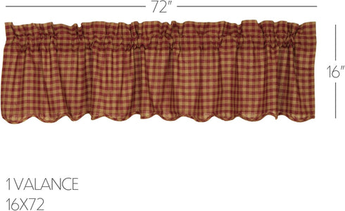 VHC Brands Burgundy Check Primitive 16"x72" Valance Red Rod Pocket Cotton Kitchen Window Curtains...