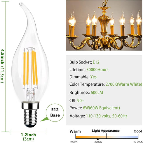 LED Chandelier Light Bulbs, E12 Candelabra Bulb 60 Watt Equivalent, 2700k Warm White 600LM E12 LED Bulb Dimmable, Vintage LED Filament C35T/CA10 C...