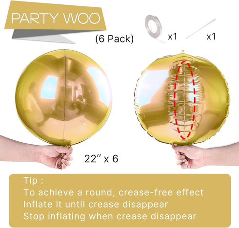 PartyWoo Metallic Gold Foil Balloons 6pcs 22 Inch Large Round Foil Big Giant Orbz 4D Jumbo Inflatable Mirror Ball Mylar Balloons for Graduation Bi...