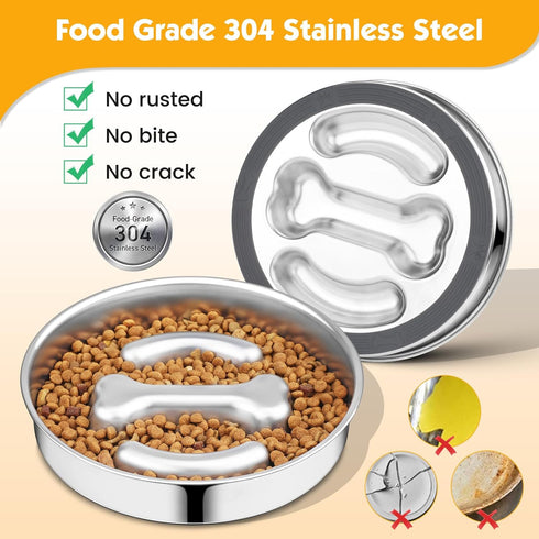 PETTOM Dog Bowl Slow Feeder, Non Slip Stainless Steel Slow Feeder Dog Bowl 3 Cups Metal Dog Food Bowls for Small Medium Dogs Double-Sided Design P...