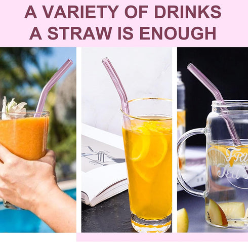 10 Pack Reusable Pink Glass Straws, 8" Shatter-Resistant Bent Drinking Straws for Smoothies, Milkshakes, Hot/Cold Drinks, with 2 Cleaning Brushes ...