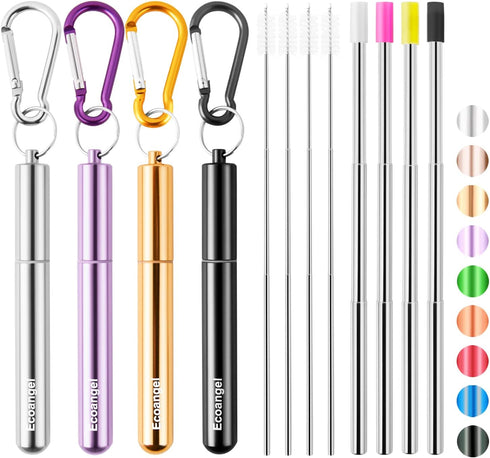 Cruise Ship Essentials,4-Pack reusable Collapsible Stainless Steel Drinking Straws with Aluminum Case,Cleaning Brush,and Keychains ?Black & silver...