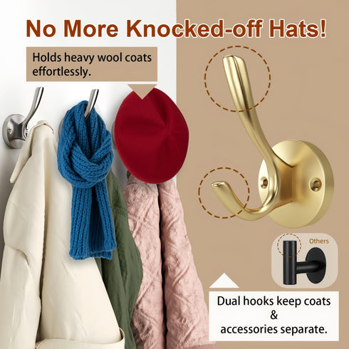ZUONAI Gold Coat Hooks 2 Pack Heavy Duty Brushed Towel Hooks Screws Solid Brass Wall Gold Hooks for Hanging Coats, Hats, Jacket, Clothing and Keys...