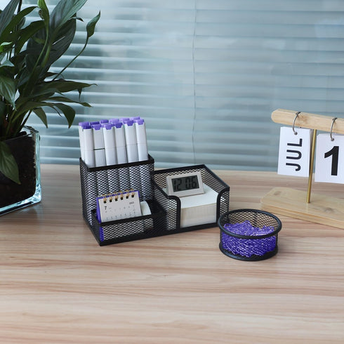 Desk Organizer Caddy, 3 Compartments Pen Holder, Metal Office Supplies Organizer for Office Home School (Black)...
