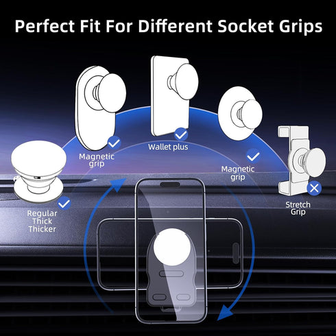 Socket Car Mount for Dashboard Air Vent Windshield,Car Phone Holder for Socket Grip with 2 Mounts,3 in 1 Stable Air Vent Clip Powerful Suction Cup...