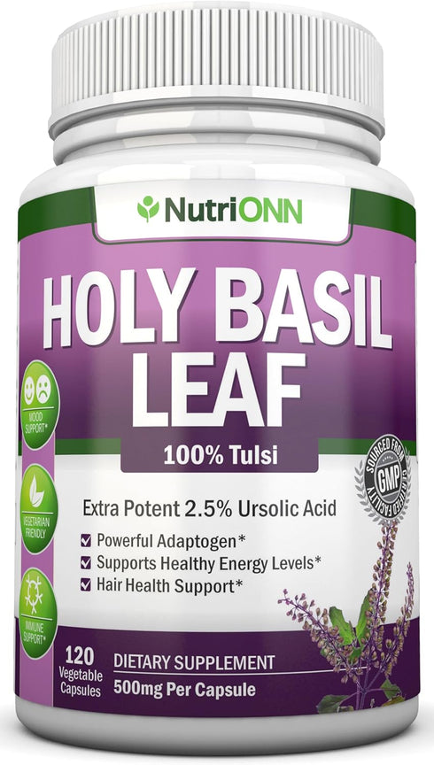 Holy Basil Leaf Capsules - 500mg - 2.5% Ursolic Acid - 120 Vegan Capsules - Real Tulsi Extract Supplement - Positive Mindset - Adaptogenic & Ayurv...