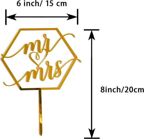 Larger Size Acrylic Mirror Gold Hexagon Elegant Handwriting Mr and Mrs Cake Toppers, Wedding, Bridal Shower, Engagement, Anniversary Monogram Cake...