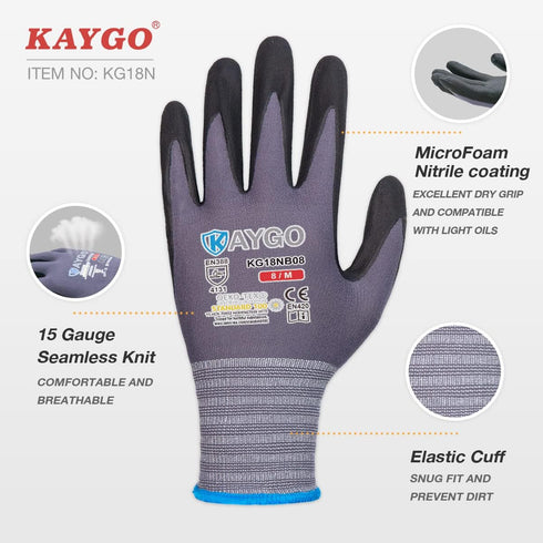 KAYGO Safety Work Gloves MicroFoam Nitrile Coated-3 Pairs, KG18NB,Seamless Knit Nylon Glove with Black Micro-Foam Nitrile Grip,Ideal for General P...