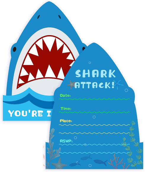 Yangmics Direct 25 Pack Shark Birthday Party Invitations with Envelopes-Double Sided -Shaped Fill-In Invitations-Shark party supplies...