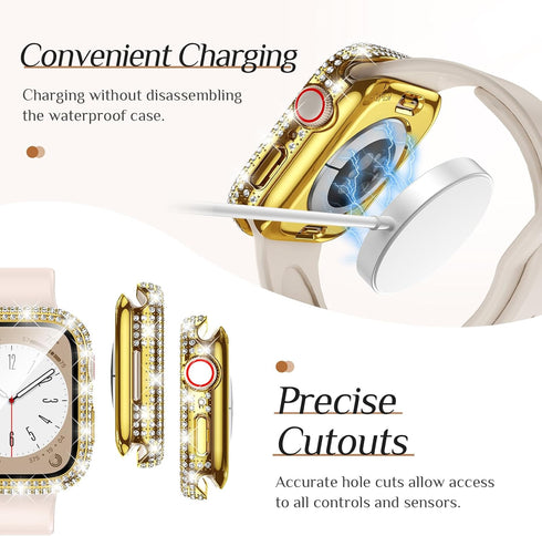 Goton 2 in 1 Waterproof Bling Case for Apple Watch 44mm Screen Protector SE (2nd Gen) Series 6 5 4, Full Glitter Diamond Rhinestone Bumper Face Co...