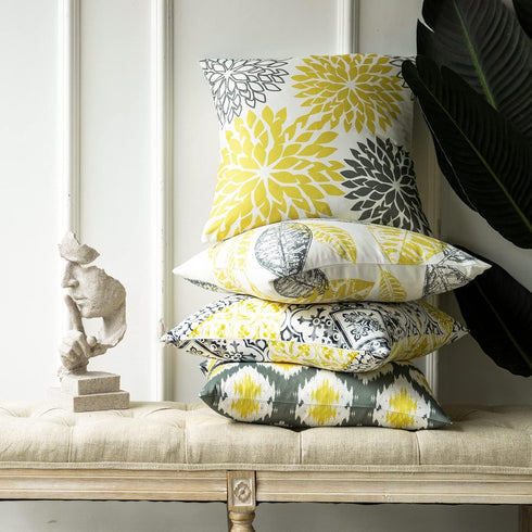 Phantoscope Set of 4 New Living Series Leaf Geometric Yellow and Grey Throw Decorative Pillow Cover Cushion Cover 18 x 18 inches 45 x 45 cm...