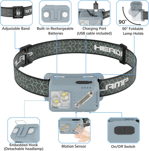Grey Rechargeable LED Headlamp, 2 Pack 2500 Lumen Head Lamp with Motion Sensor, 7 Modes Bright Head Light, USB Recharge Flashlight Camping Accesso...