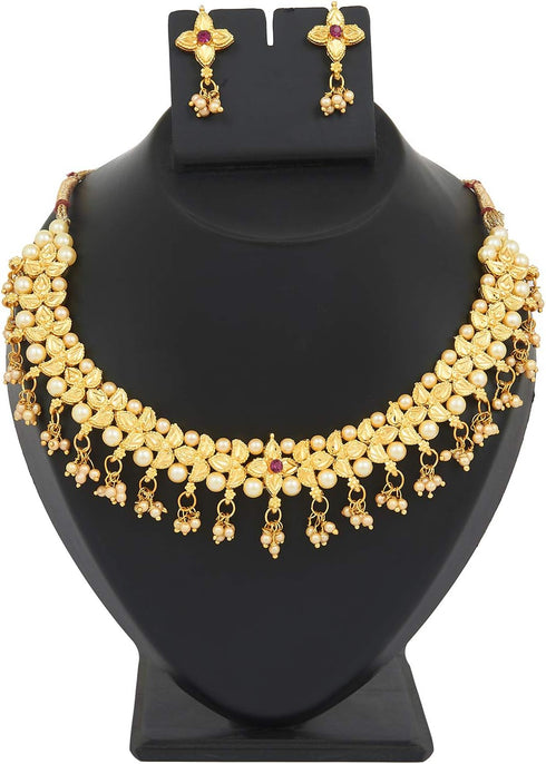 Traditional Indian Temple Gold Jewelry Necklace Set 22K with Earrings for Women & Girls (SJ_2682)...