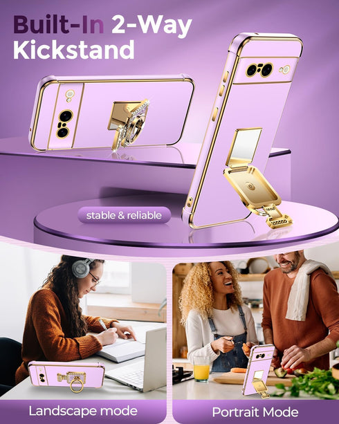 Silverback for Pixel 8 Case with Stand, Phone Case with Ring & Mirror Kickstand, Women Girls Bling Luxury Cover for Google Pixel 8, Purple...