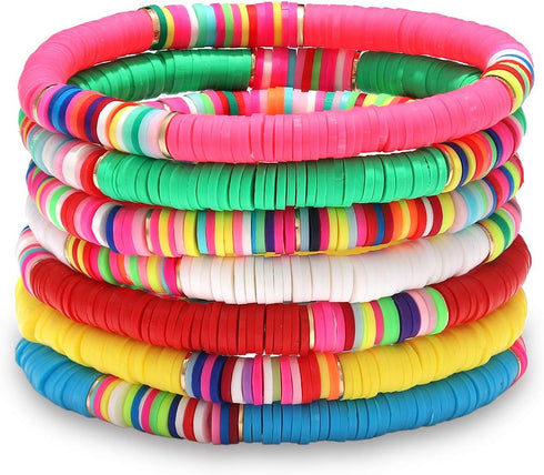 boderier Heishi Bracelets Colorful African Vinyl Disc Bead Stretch Bracelet Summer Beach Surfer Bracelets Set (7)...