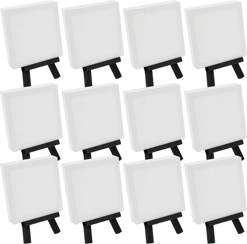 U.S. Art Supply 3" x 3" Stretched Canvas with 5" Mini Black Wood Display Easel Kit (Pack of 12), Artist Tripod Tabletop Holder Stand - Painting Pa...