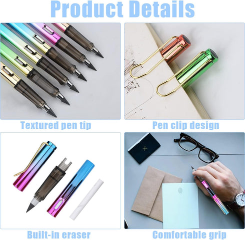 LUTER 6pcs Inkless Pencils, Infinity Pencils with Erasers and 6 Replacement Nibs, Reusable Pencil for Students Eternal Pencil for Writing Drawing ...