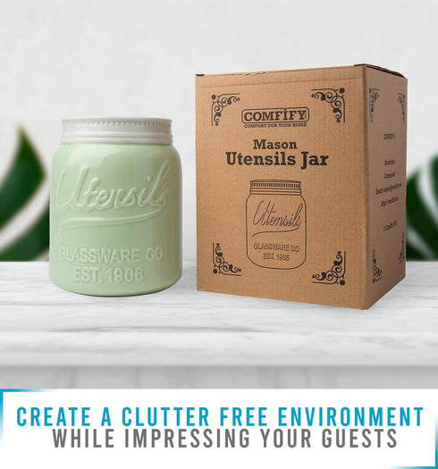 Comfify Wide Mouth Mason Jar Utensil Holder Decorative Kitchenware Organizer Crock, Dishwasher Safe - Kitchen Caddy Green, Large Size 7" Hight...
