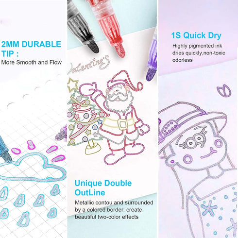 Outline Markers Self-outline Metallic Markers, 12 Colors Double Line Outline Markers, Super Squiggles Shimmer Outline Glitter Pen Set for Christma...