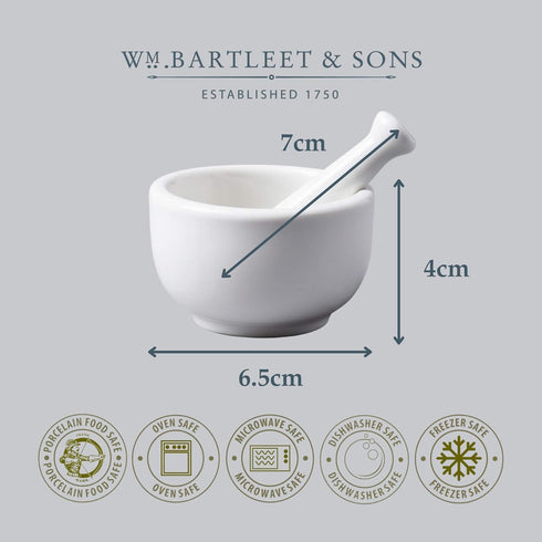 WM Bartleet & Sons 1750 Traditional Porcelain Mini Mortar & Pestle, Herb and Spice Grinder 7cm – White...