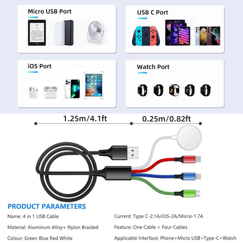 5FT/1.5M Multi Charging Cable for Apple Watch Charger Travel Nylon Braided USB C Micro USB Lightning Compatible with iWatch Ultra/SE/9/8/7/6/5/4/3...