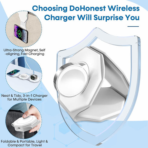 3 in 1 Wireless Charger for iPhone MagSafe Foldable - Magnetic Travel 18W Fast Charging Station Soft Silicone Sleep-Friendly Portable Charger Stan...
