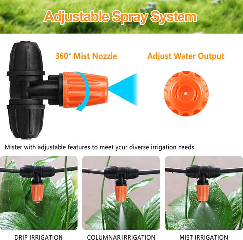 Upgraded Locked 3 Way Atomizing Nozzle for 1/4" Drip Tubing, 25 Pcs Adjustable Micro Spray Irrigation Emitters Tee Misting Drippers for Drip Sprin...